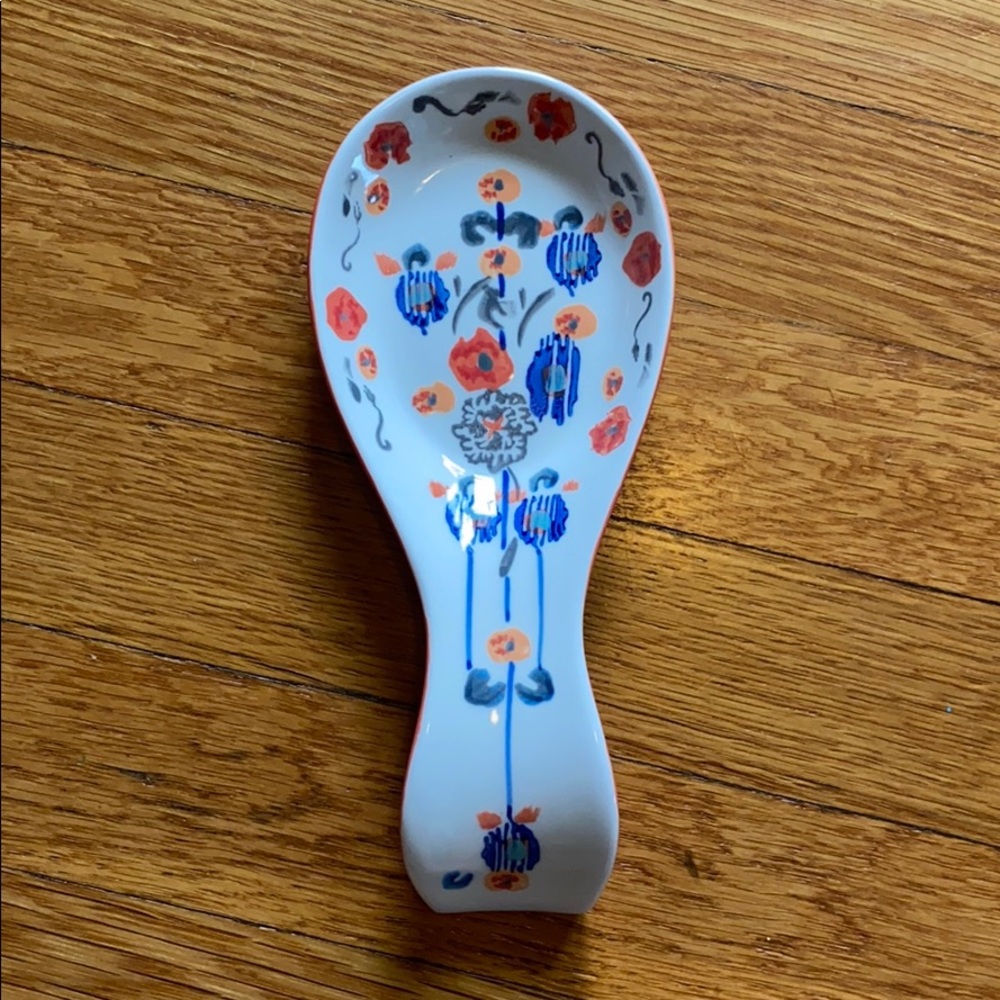 Anthropologie White Ceramic Floral Spoon Rest with Blue and Orange Accents